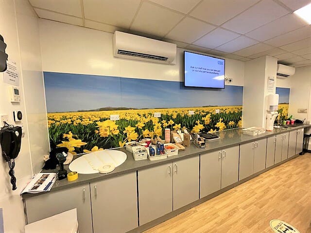An image of a long yellow floral wall graphic at NHS Sherwood Forest Hospital.